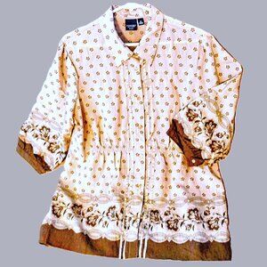 SONOMA Life+Style Women's Button 3/4 Sleeve 1X Shirred Blouse - Tan/Brown Border
